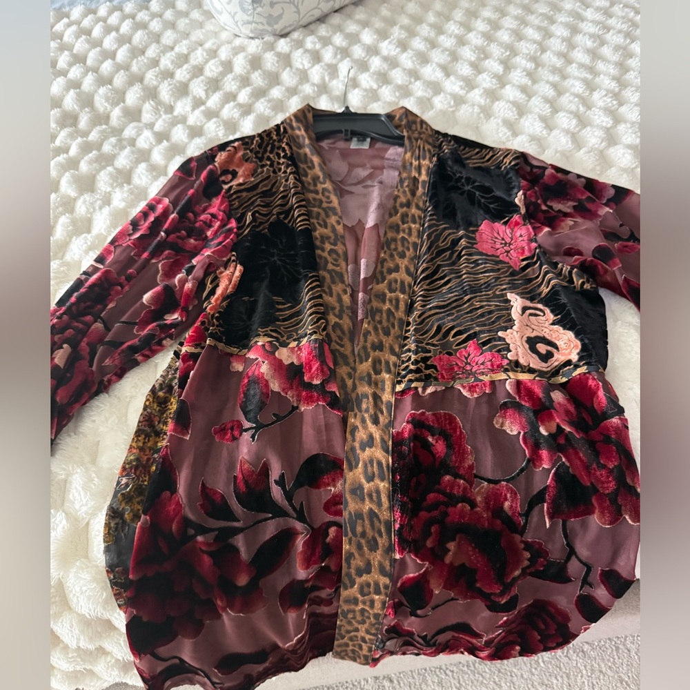Velvet Floral & Leopard Open Cardigan - Wine, Red, Black ONE SIZE L-XL